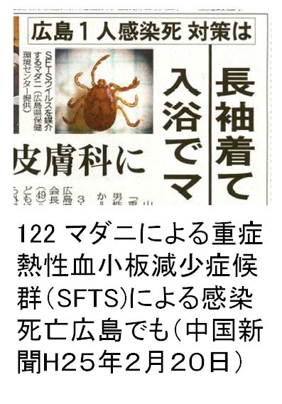 122 マダニによる重症熱性血小板減少症候群（SFTS)による感染死亡広島でも（中国新聞H２５年２月２０日）