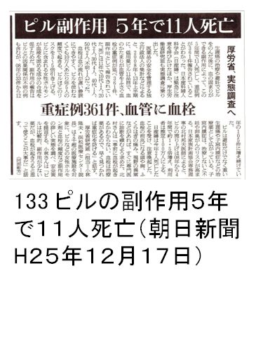 133 ピルの副作用5年で11人死亡（朝日新聞H25年12月17日）