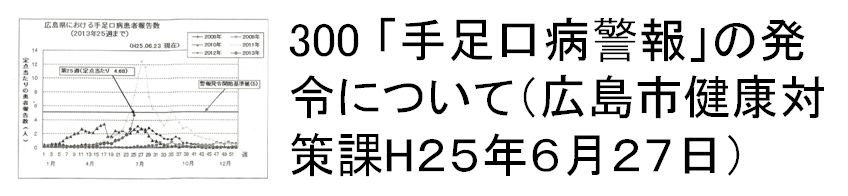 300 「手足口病警報」の発令について（広島市健康対策課H２５年６月２７日）